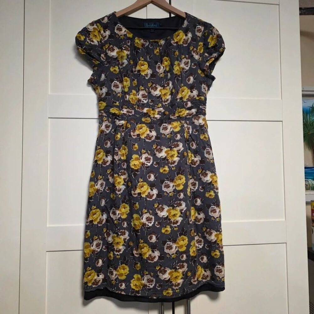 Boden Gray Yellow Floral Ruched Waist Dress Size 14R